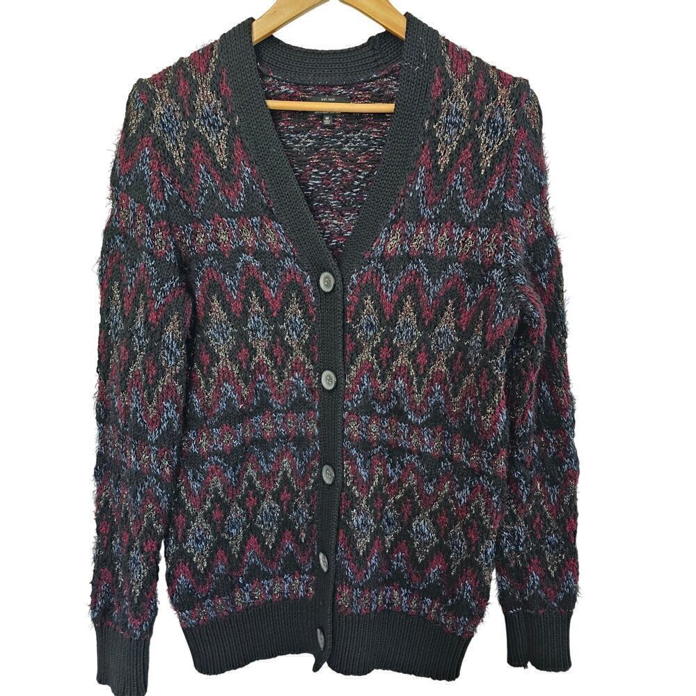 Lucky Brand Metallic Cardigan Women Medium Purple Knit Fair Isle Whimsy Goth